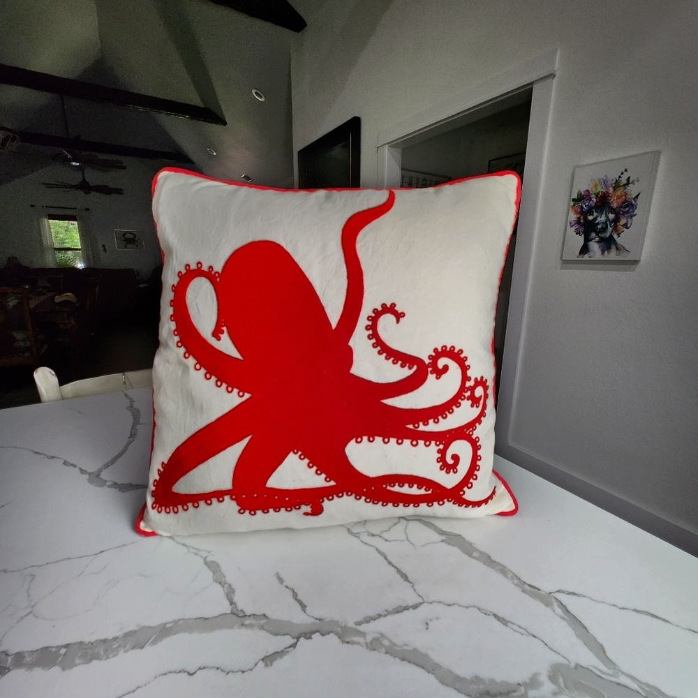 RED OCTOPUS EMBROIDERED AXCENT PILLOW by LAVA